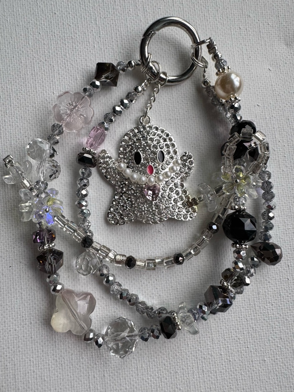 Crystal Ghost Phone Charm- Silver and Clear Beaded. Halloween.